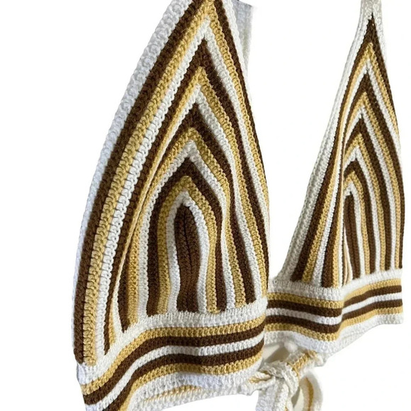 Windsor Crochet Striped Crop Top Size XL Brown Beige White V Neck Tie On Blouse - Picture 7 of 12